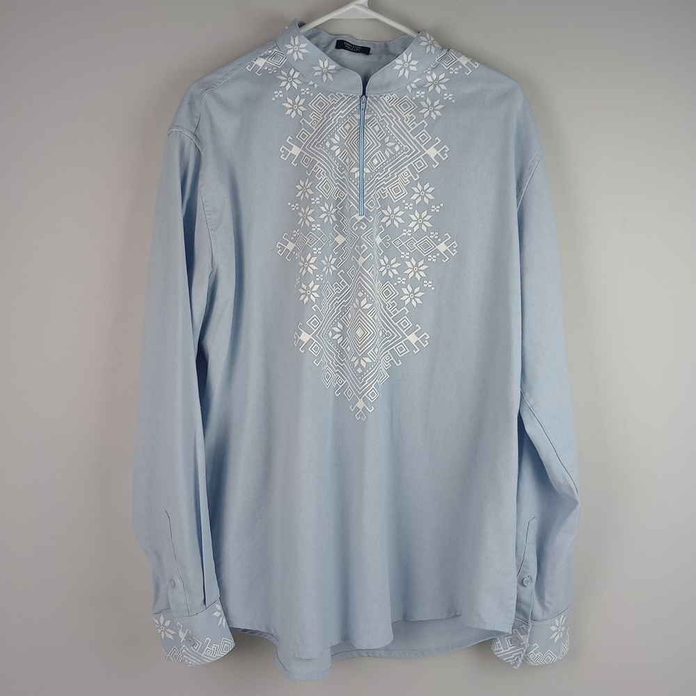 COOFANDY Mens XL Blue White Embroidered Quarter Zip Dashiki Long Sleeve Shirt